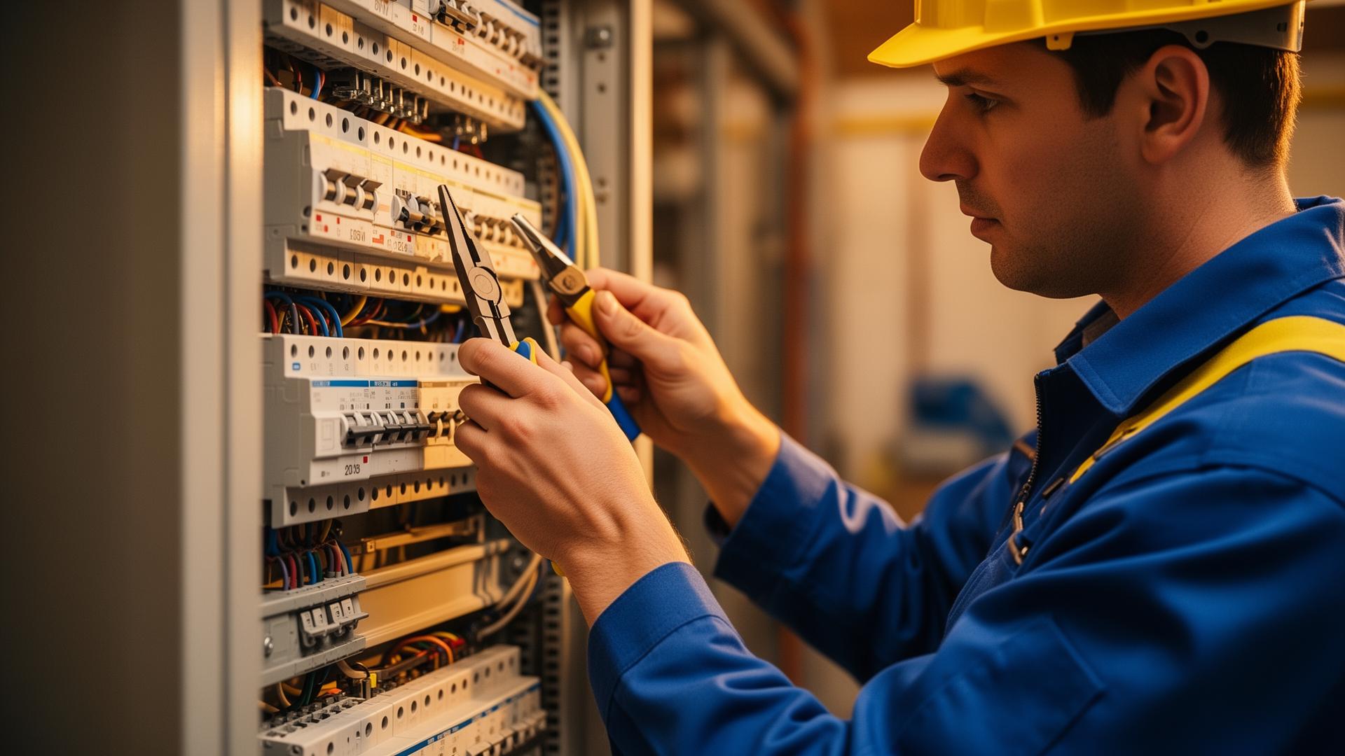 Électricien intervenant sur un tableau électrique